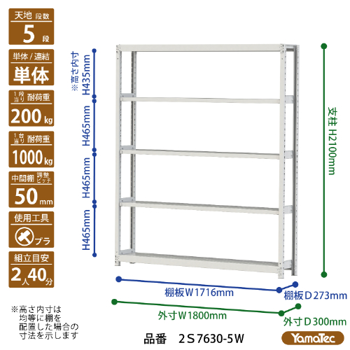 【直送品】 山金工業 ボルトレス軽中量ラック 200kg/段 単体 2S7630-5W 【大型】の画像