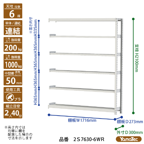 【直送品】 山金工業 ボルトレス軽中量ラック 200kg/段 連結 2S7630-6WR 【大型】の画像