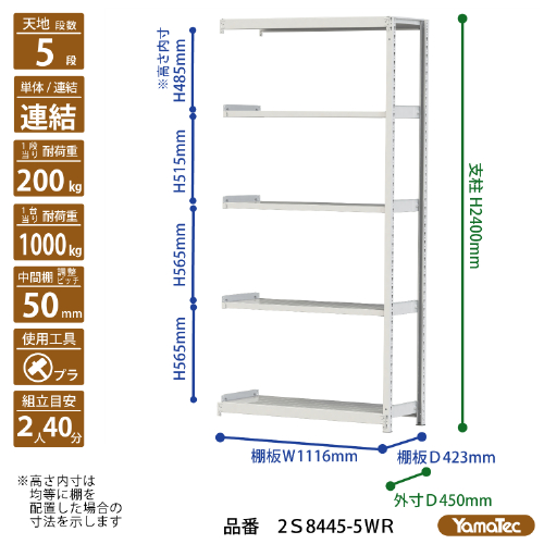 【直送品】 山金工業 ボルトレス軽中量ラック 200kg/段 連結 2S8445-5WR 【大型】の画像