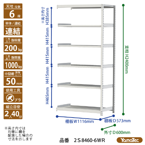 【直送品】 山金工業 ボルトレス軽中量ラック 200kg/段 連結 2S8460-6WR 【大型】の画像