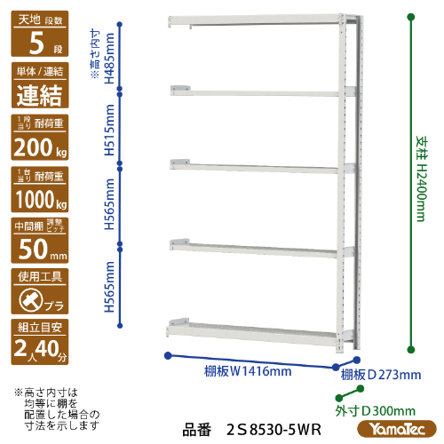 【直送品】 山金工業 ボルトレス軽中量ラック 200kg/段 連結 2S8530-5WR 【大型】の画像