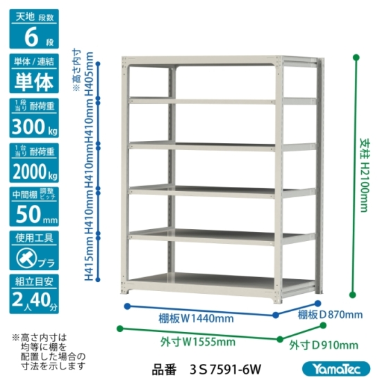 【直送品】 山金工業 ボルトレス中量ラック 300kg/段 単体 3S7591-6W 【大型】の画像