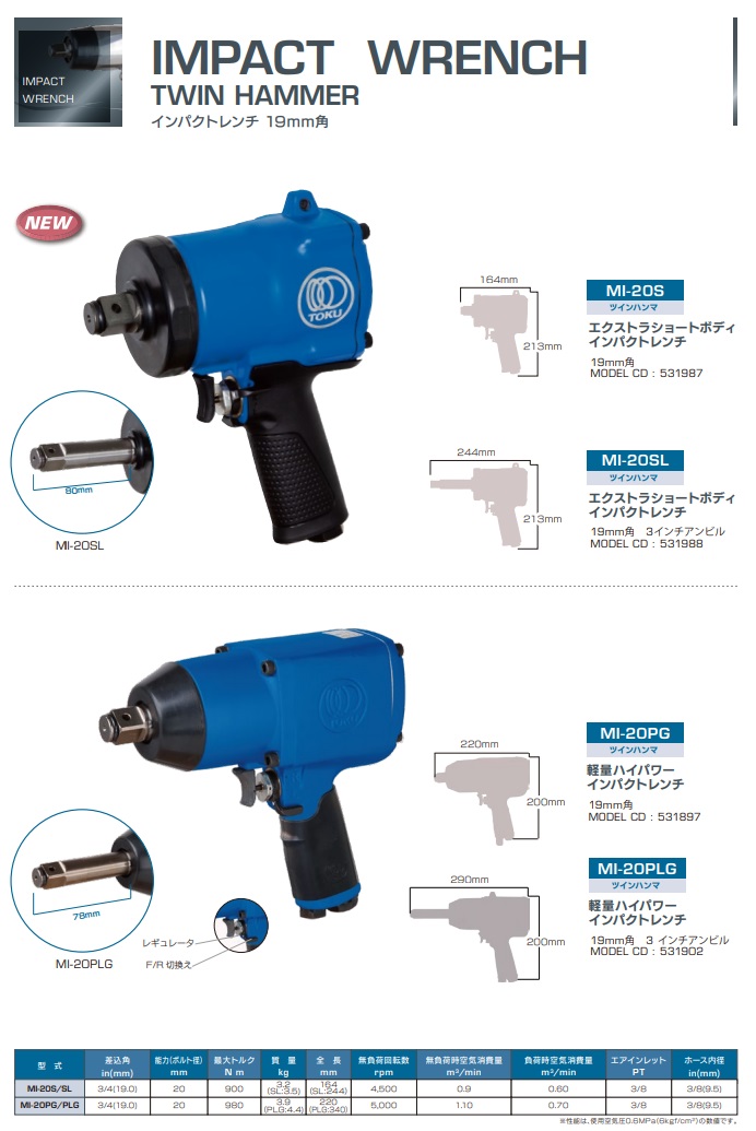 直送品】 TOKU (東空販売) 強力型インパクトレンチ 3/4 MI-20PG : 部品