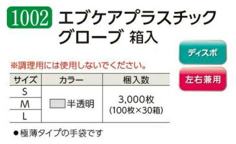 【ケース販売】 エブノ エブケアプラスチックグローブ 箱入 No.1002 S 3000枚(100枚×30箱) 《PVC手袋》｜buhinyasan