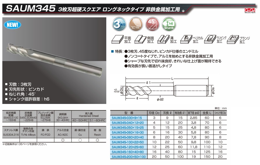 ギガ・セレクション 超硬エンドミル SAUM345-160X40X80 (3枚刃超硬