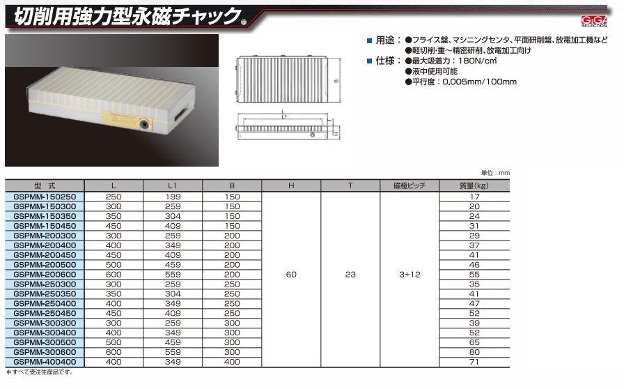 直送品】 ギガ・セレクション 切削用強力型永磁チャック (ミーリング