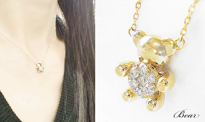 K18YG/PG/WG ダイヤモンド ネックレス 0.15ct クマ ベア 小ぶり