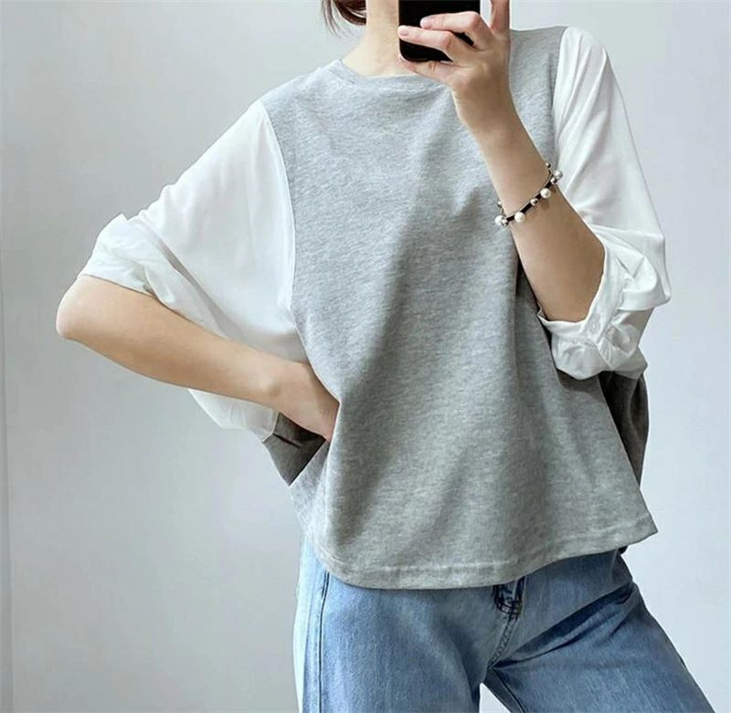 tシャツ 七分袖 レディース ブラウス 切替 ゆったり ボリューム袖 バルーン袖 ドッキング 重ね着 ドルマンスリーブ とろみ 無地 春夏 トップス 春夏 | ブランド登録なし | 01