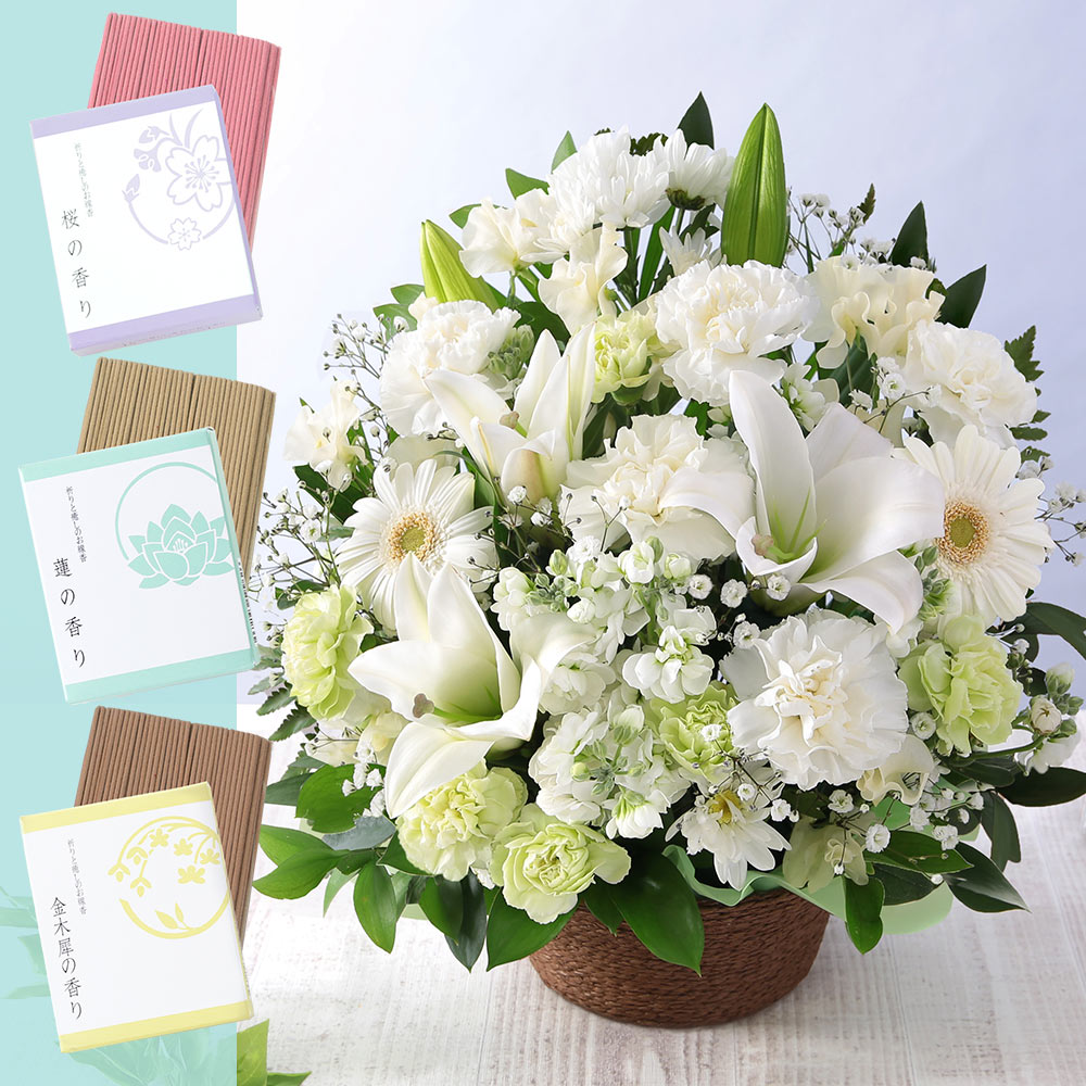 あすつく 14時まで 花 仏花 お供え 法要 旬のおまかせアレンジお線香セットM 初盆 生花 お彼岸 送料無料 お盆 お悔やみ アレンジ 供花 お花  供養 ユリ6,540円 フラワーアレンジメント