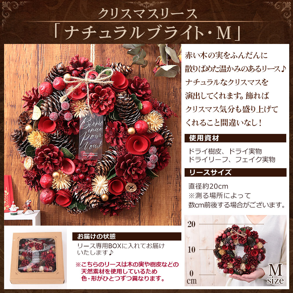 あすつく 14時まで クリスマス リース ナチュラルリース Mサイズ 送料無料 誕生日 プレゼント ギフト 花 お花 女性 お祝い 冬 玄関 ドア  :usual-020:BunBun!Bee - 通販 - Yahoo!ショッピング