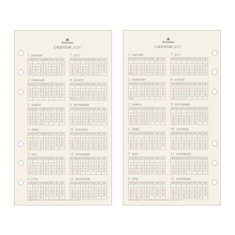 手帳 2026年 アシュフォード ASHFORD システム手帳 バイブル リフィル