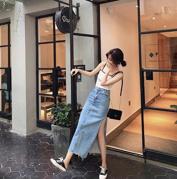 デニム タイトスカート ロング丈 ロングスカート サイドスリット 深