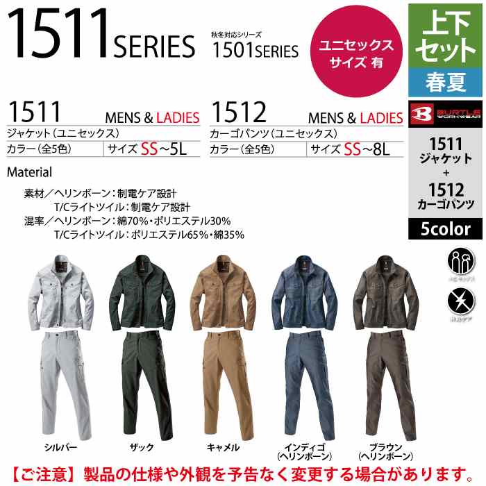 超大特価 バートル BURTLE 上下セット 1511 と 1512 ジャケットセットアップ M〜3L 春夏用 作業服 作業着 制電ケア JIS  T8118適合 快適 即日出荷一部あり tronadores.com