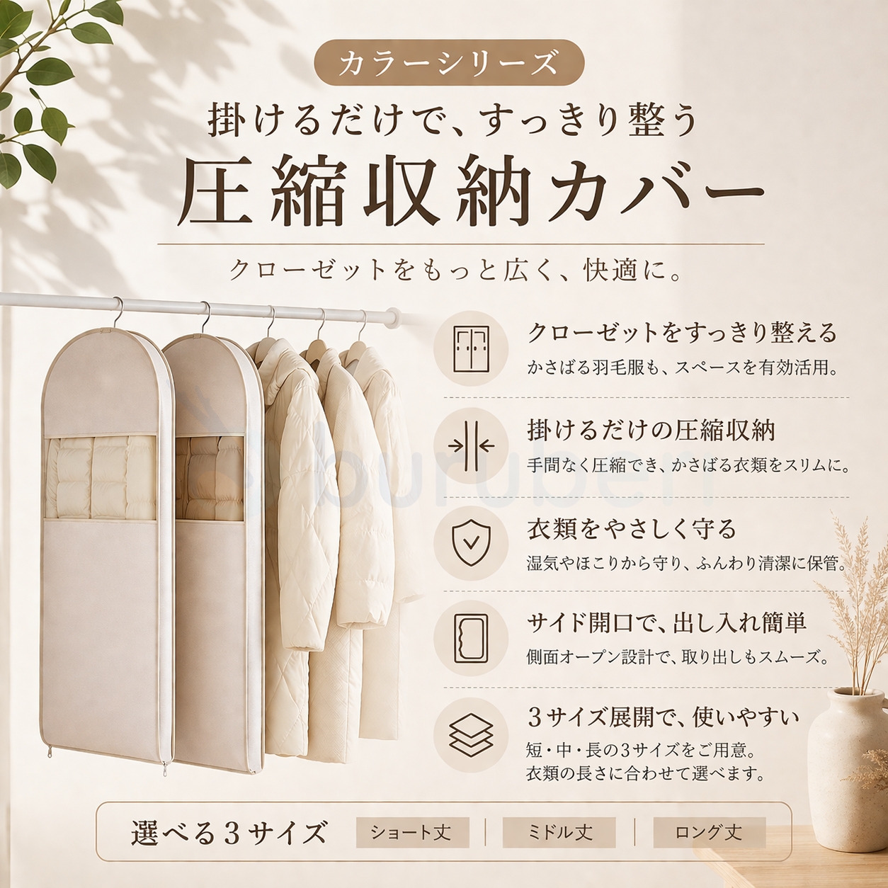 【2個で1個半額・3個で1個無料】衣類圧縮袋 衣類カバー 吊るせる サイドファスナー ファスナー式 ダウンジャケット ダウンコート 収納袋 スペース節約 型崩れ防 関連画像2