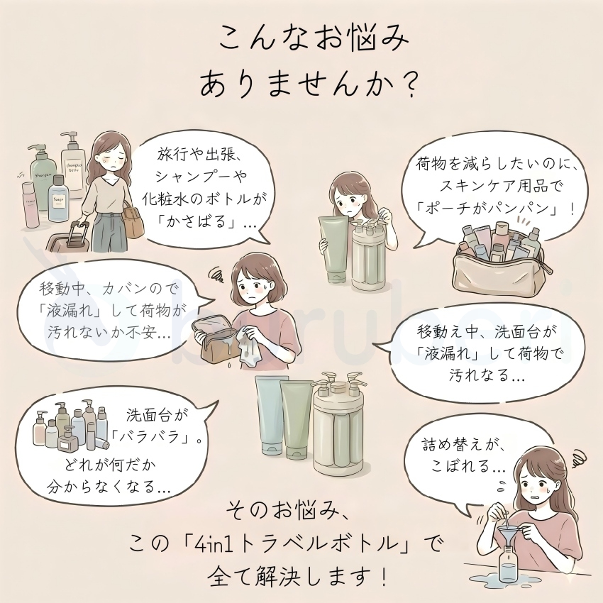 【2個で1個半額・3個で1個無料】 トラベルボトル 4in1 トラベルボトル シャンプー 詰め替えボトル 旅行用 小分けボトル ボトル 30ml×4 漏れ防止 コンパクト 関連画像1