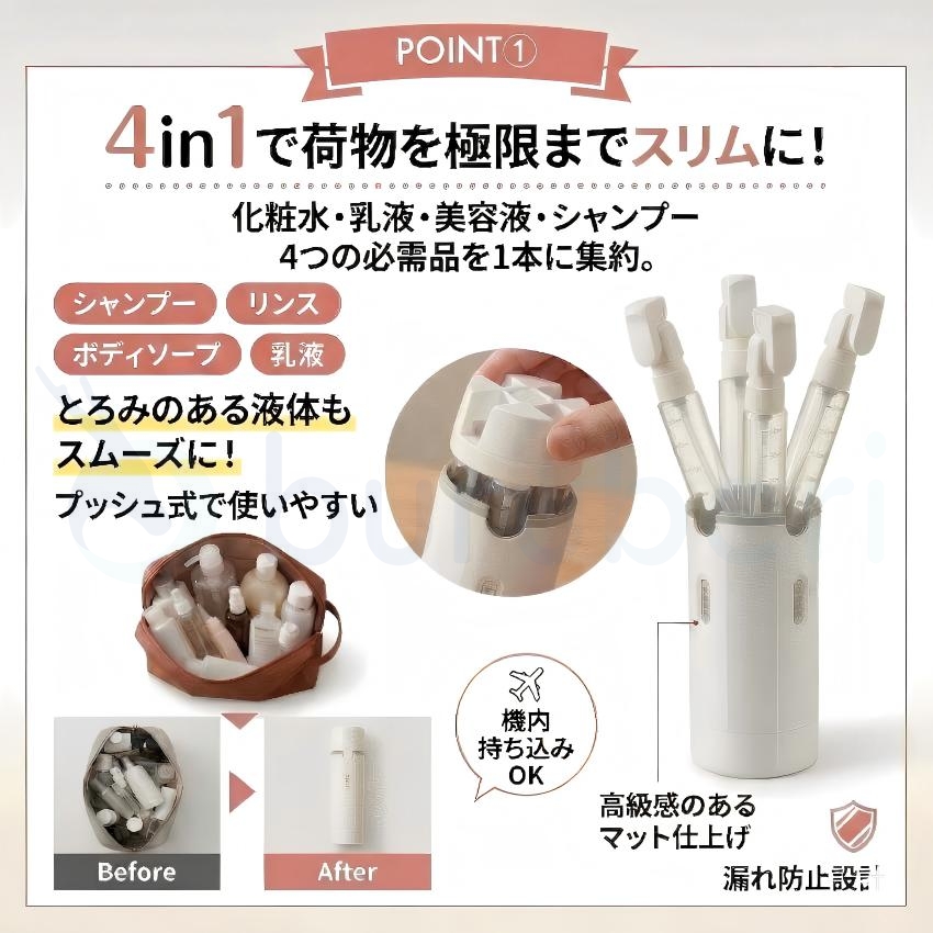【2個で1個半額・3個で1個無料】 トラベルボトル 4in1 トラベルボトル シャンプー 詰め替えボトル 旅行用 小分けボトル ボトル 30ml×4 漏れ防止 コンパクト 関連画像4