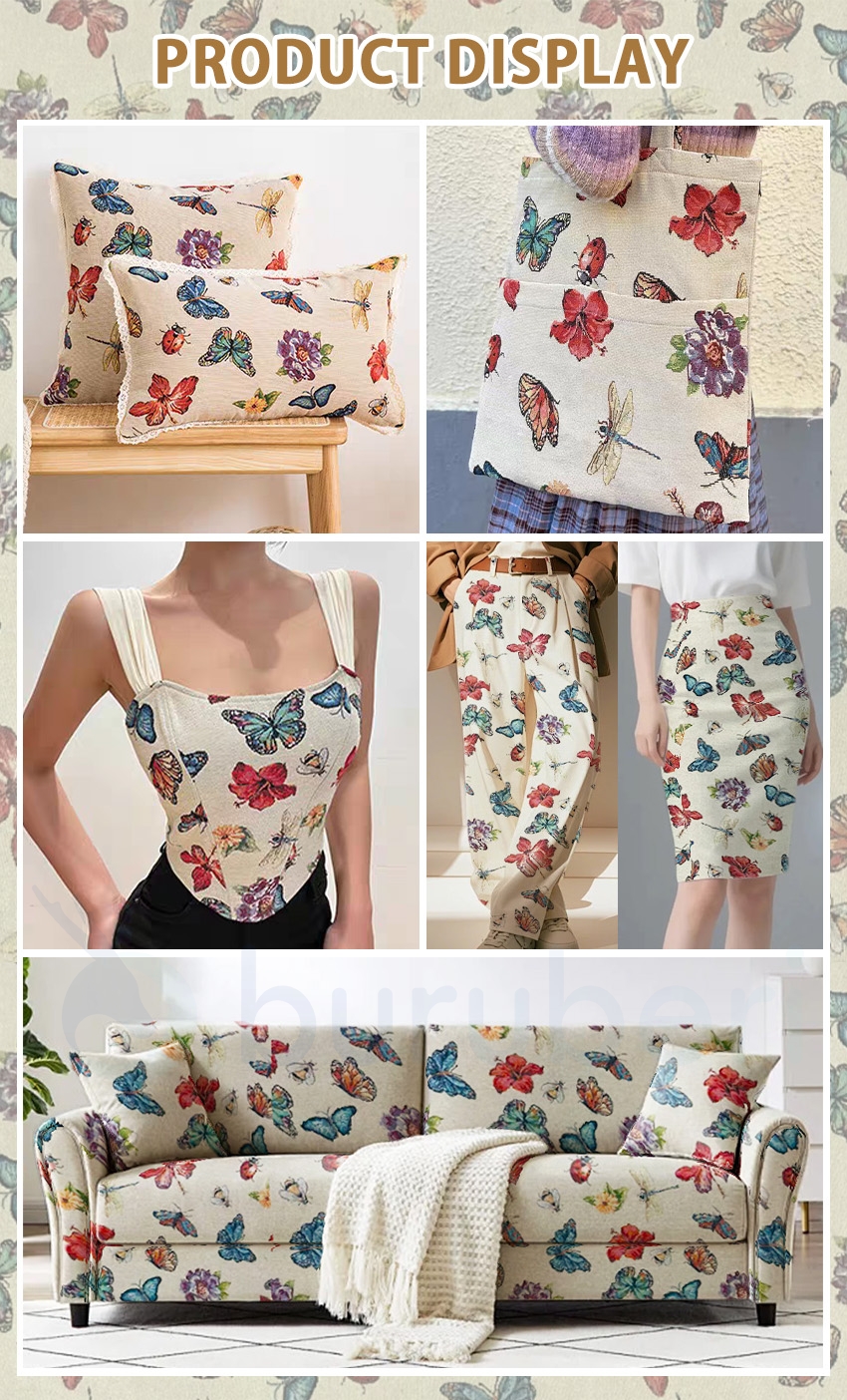 ジャガード生地 トンボ柄 蝶柄 杏色 花柄