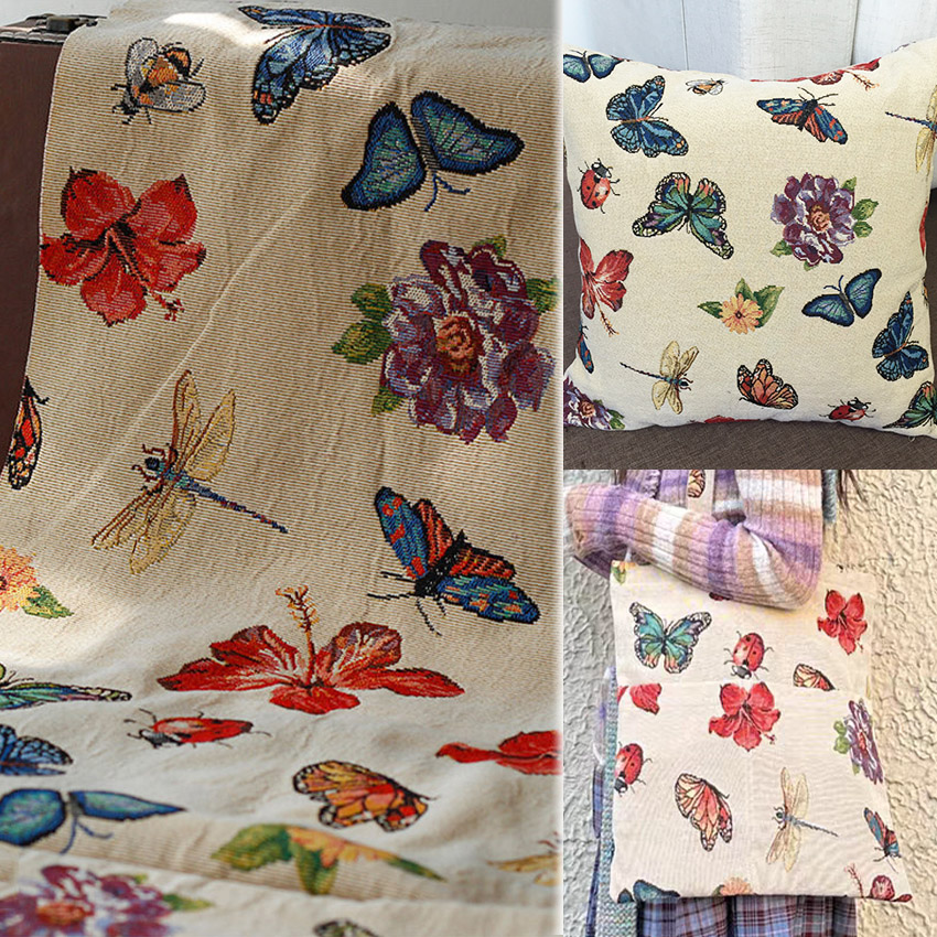 ジャガード生地 トンボ柄 蝶柄 杏色 花柄