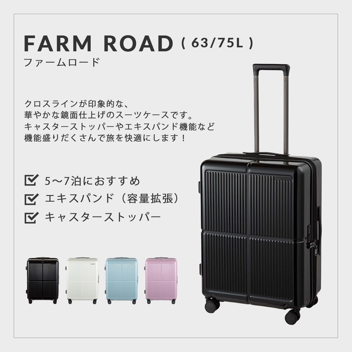Ace（エース） スーツケース Mサイズ 63L/75L 拡張機能付き ストッパー