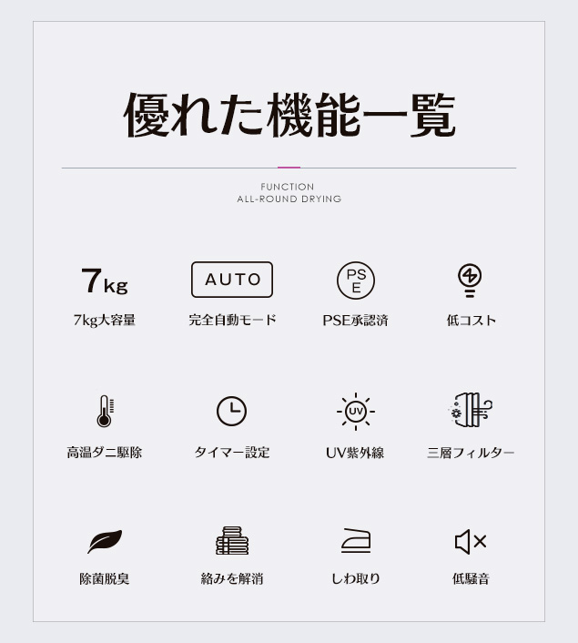 衣類乾燥機 7kg コンパクト 大型 家族 自動モード UV除菌 タイマー