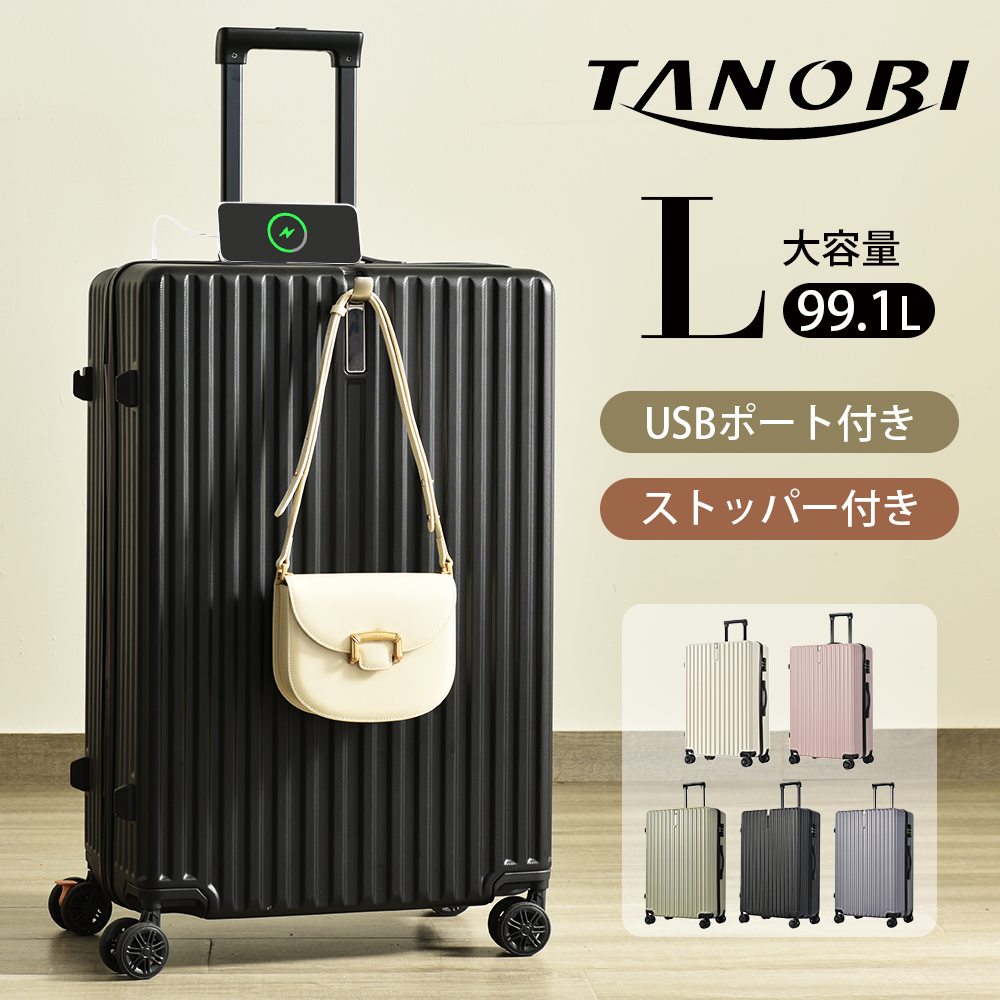 スーツケース Lサイズ キャリーケース キャリーバッグ USBポート付き TSAロック ストッパー付き 大容量 7-14日 大型 おしゃれ ダブルキャスター TANOBI BY851｜busyman-jp