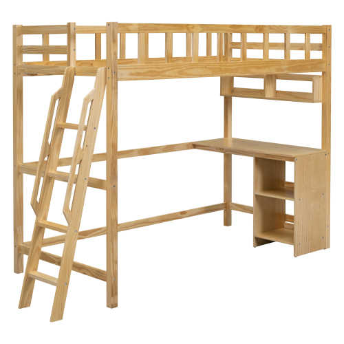 ロフトベッド 頑丈 階段 天然木 デスク付き パイン材 収納 シングル  