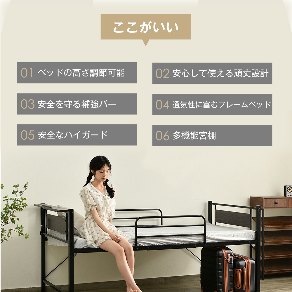 BTM パイプベッド シングル ベッド コンセント付き 宮 ロータイプ 高さ
