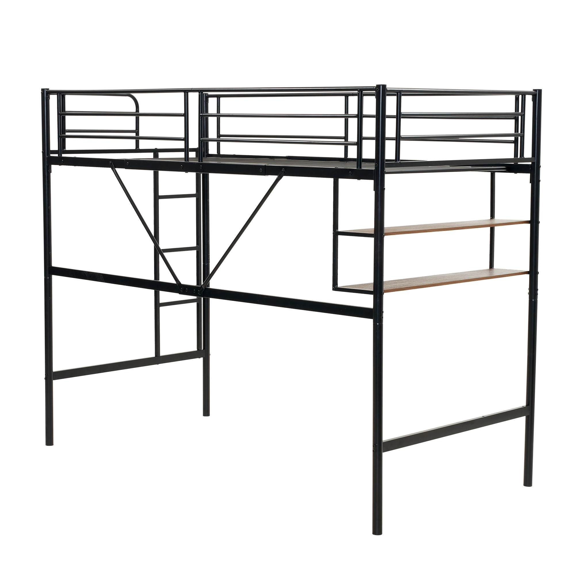 【ブラック】ロフトベッド パイプベッド サイド棚付き シングルベッド木収納北欧風 ブラック】ロフトベッド パイプベッド サイド棚付き シングルベッド木