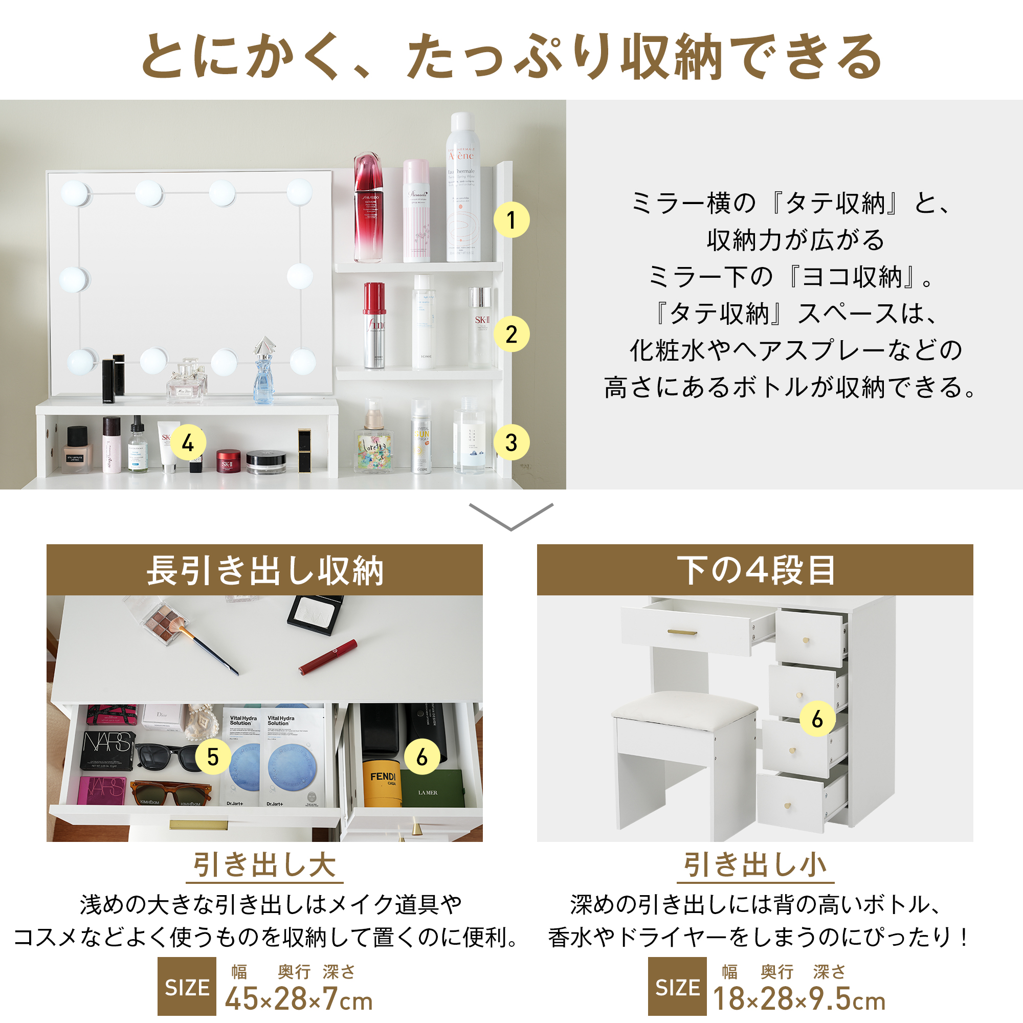 BTM ドレッサー化粧台 テーブル 鏡台 LEDライト付き スツール付き