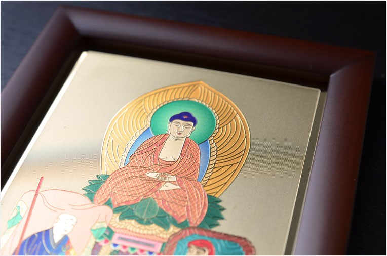 豪華24金メッキ【木製額入り彫金プレート：三尊仏　禅宗】普段使いからお仏壇用本尊掛軸にも　仏壇・掛軸・仏像　送料無料