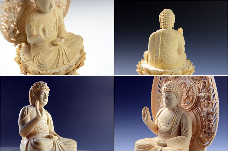 仏像【香る檜（ひのき）・六角台飛天光背：薬師如来3.0寸】仏壇・御