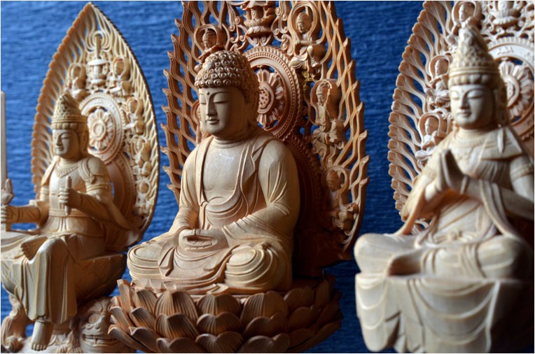 仏像【総桧・八天飛天光背：上彫り 普賢菩薩＋文殊菩薩 二尊2.5寸