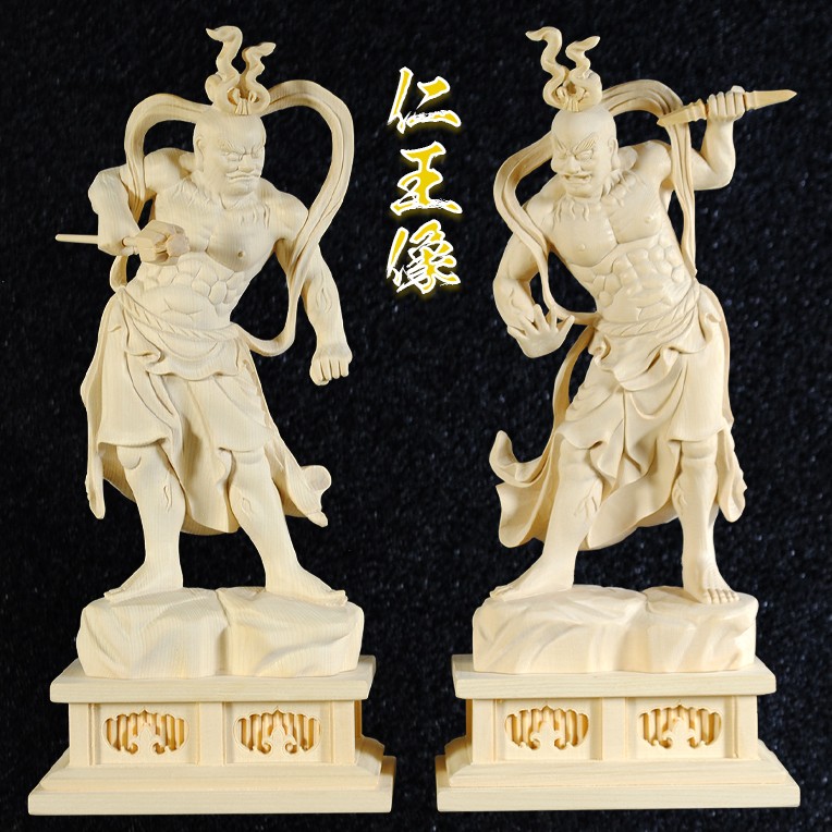 木彫り仏像 総桧【仁王(金剛力士)像セット】 身丈：７寸 総高約26cm