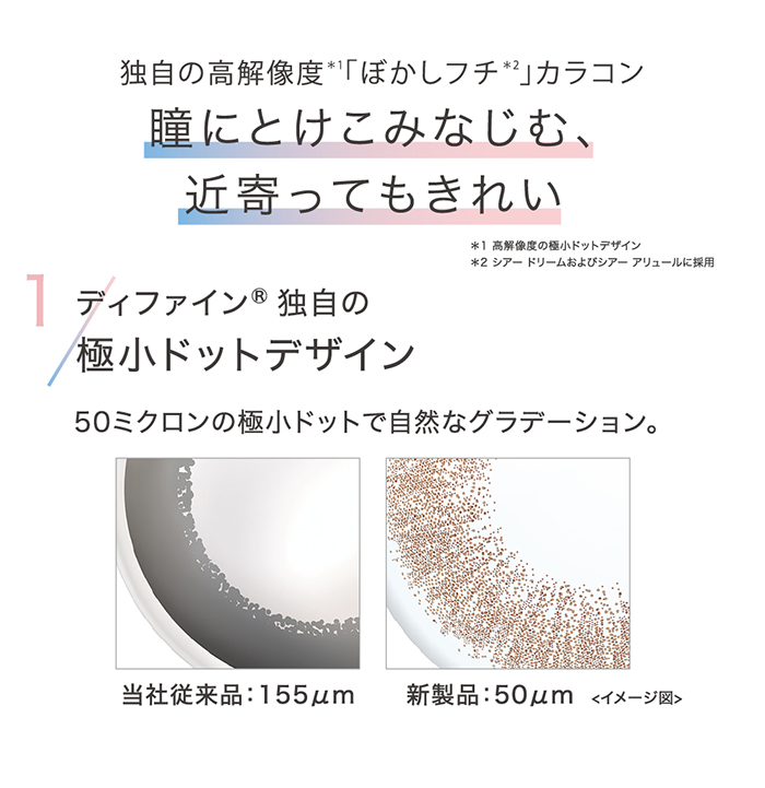 瞳にとけこみなじむ、近寄ってもきれい 1.ディファイン独自の極小ドットデザイン