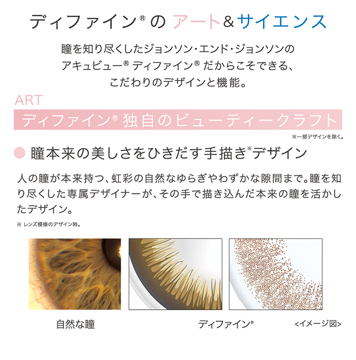 ディファイン〓のアート&サイエンス 瞳を知り尽くしたジョンソン・エンド・ジョンソンのアキュビュー〓 ディファイン〓 だからこそできる、こだわりのデザインと機能。瞳本来の美しさをひきだす手描きデザイン