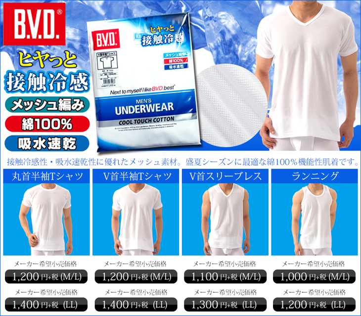 Bvd 接触冷感 メッシュ編 丸首半袖tシャツ Llサイズ 吸水速乾 インナーシャツ クールビズ Cool Biz B V D E Shop メーカー直営店 通販 Paypayモール