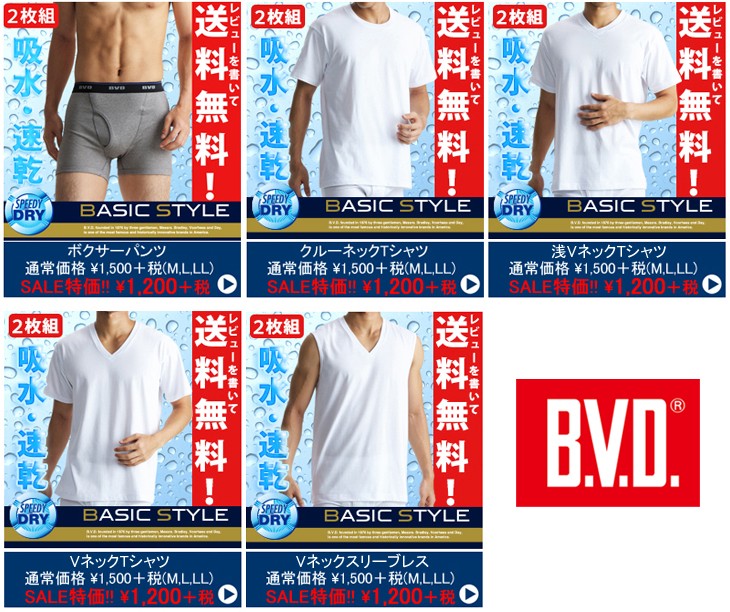 BVD 2枚組 浅VネックTシャツ BVD BASIC STYLE 吸水速乾 半袖 メンズインナー クールビズ :NB204:B.V.D.e-shop  メーカー直営店 - 通販 - Yahoo!ショッピング