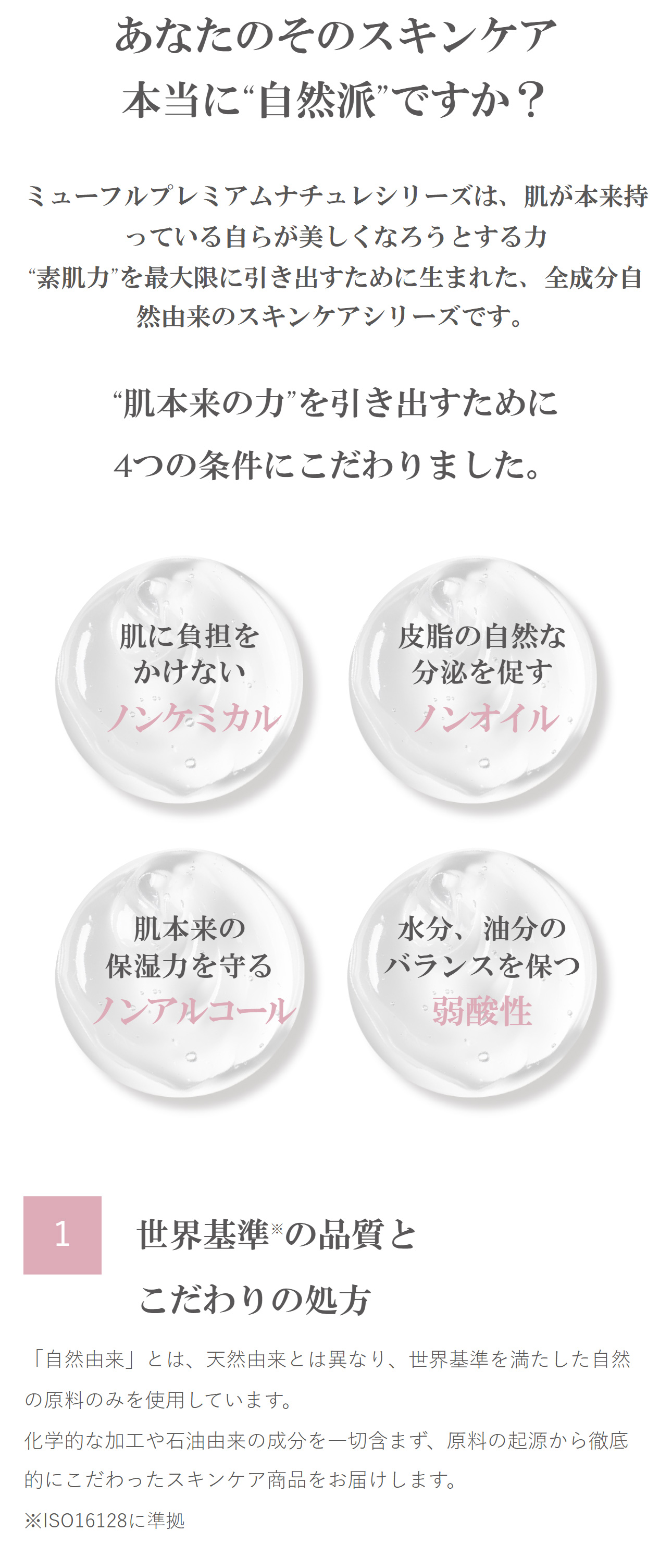 あなたのそのスキンケア本当に“自然派”ですか？ミューフルプレミアムナチュレシリーズは、肌が本来持っている自らが美しくなろうとする力。“素肌力”を最大限に引き出すために生まれた、全成分自然由来のスキンケアシリーズです。“肌本来の力”を引き出すために4つの条件にこだわりました。肌に負担をかけない「ノンケミカル」。皮脂の自然な分泌を促す「ノンオイル」。肌本来の保湿力を守る「ノンアルコール」。水分、油分のバランスを保つ「弱酸性」世界基準※の品質とこだわりの処方。「自然由来」とは、天然由来とは異なり、世界基準を満たした自然の原料のみを使用しています。化学的な加工や石油由来の成分を一切含まず、原料の起源から徹底的にこだわったスキンケア商品をお届けします。※ISO16128に準拠
