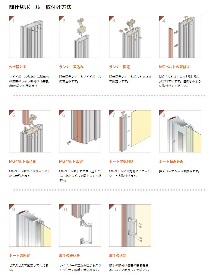 間仕切ポール SGタイプ GTZレール用 片開きセット 高さ2.5m JQ : 97s25