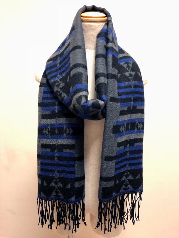 ストール ネイビー 鮮やかな色が織り成すネイティブ柄の大判ストール