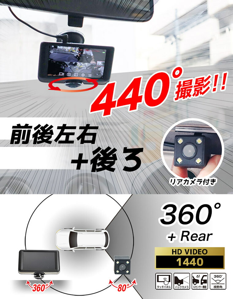 5インチ360度ドライブレコーダー リアカメラ付 車内撮影対応 ドラレコ