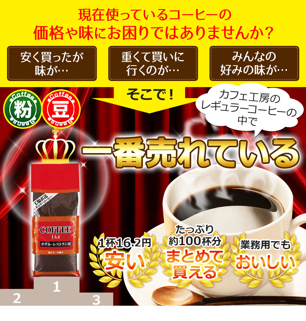 現在使っているコーヒーの価格や味にお困りではありませんか？安く買ったが味が・・・　重くて階に行くのが・・・　みんなの好みの味が・・・