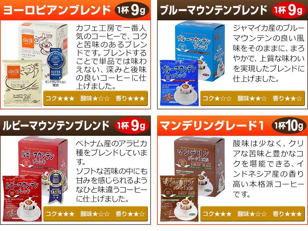 ヨーロピアンブレンド・ブルーマウンテンブレンド・ルビーマウンテンブレンド・マンデリングレード1