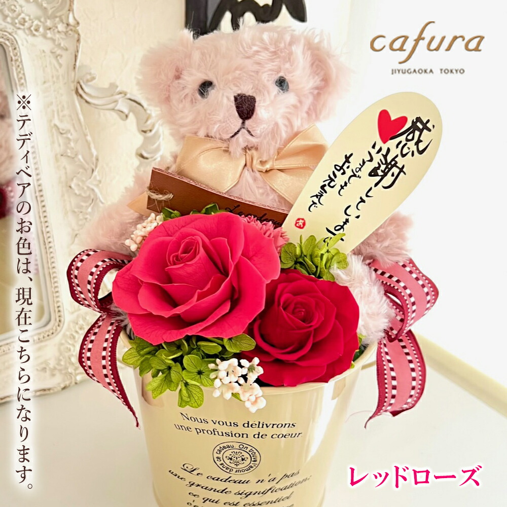 プレゼント プリザーブドフラワー 花 バラ カーネーション ぬいぐるみ クマ 誕生日 送別  テディベアポット｜cafura｜02