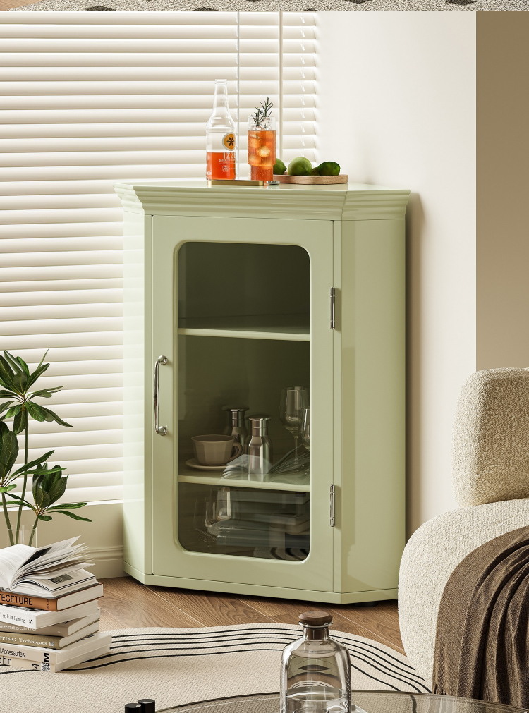 CAGUUU 三角形コーナーキャビネット ガラス扉付き コーナー収納棚 木製