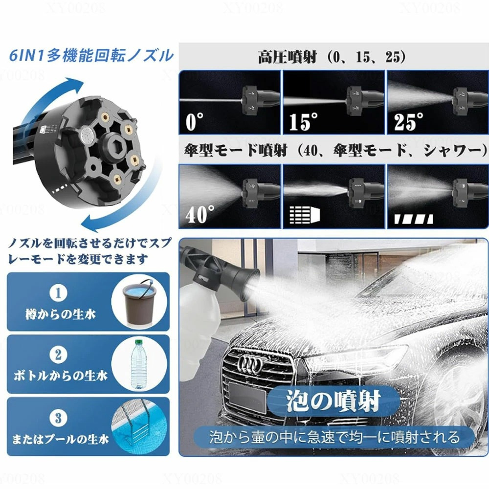 高圧洗浄機 コードレス 充電式 3段階水圧調整 6段階マルチスプレー