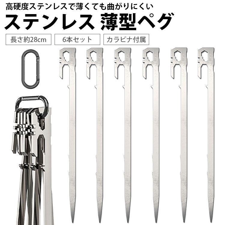ペグ ステンレススチール 6本セット 28cm 薄型ペグ カラビナ付属 高