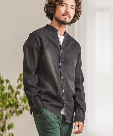 ms5367-STRETCH PIN STRIPE BAND COLLAR SKIPPER SHIRTS シャツ-