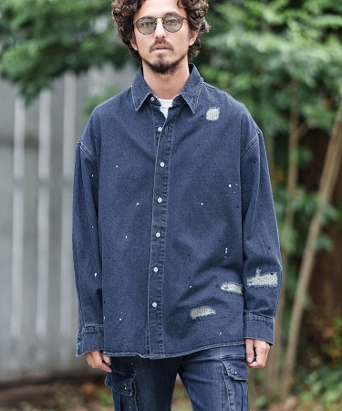 CAMBIO(カンビオ)】 Distressed Paint Loose Denim Shirts デニム