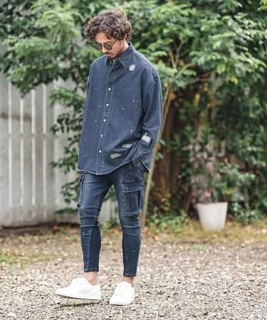 CAMBIO(カンビオ)】 Distressed Paint Loose Denim Shirts デニム